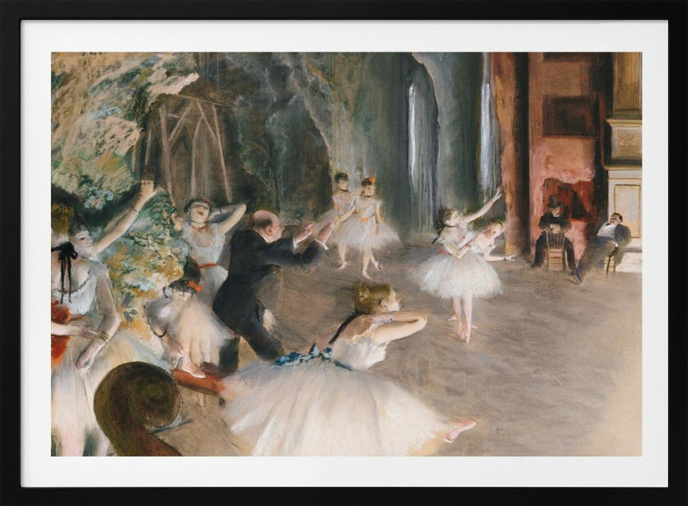 An impressionist painting depicting a ballet rehearsal on a stage. Ballerinas in white tutus practice and stretch while a male instructor in a dark suit directs them. The scene is viewed from the wings, with theatrical scenery in the background and onlookers seated to the right. Wall Art