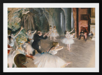 An impressionist painting depicting a ballet rehearsal on a stage. Ballerinas in white tutus practice and stretch while a male instructor in a dark suit directs them. The scene is viewed from the wings, with theatrical scenery in the background and onlookers seated to the right. Wall Art