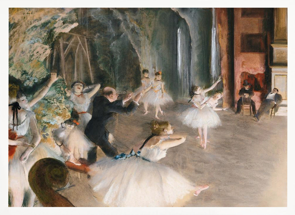 An impressionist painting depicting a ballet rehearsal on a stage. Ballerinas in white tutus practice and stretch while a male instructor in a dark suit directs them. The scene is viewed from the wings, with theatrical scenery in the background and onlookers seated to the right. Wall Art
