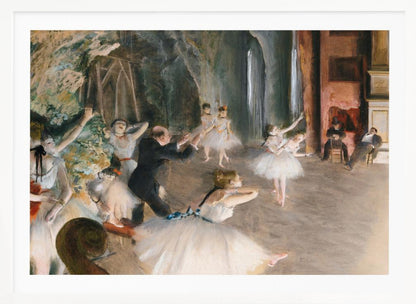 An impressionist painting depicting a ballet rehearsal on a stage. Ballerinas in white tutus practice and stretch while a male instructor in a dark suit directs them. The scene is viewed from the wings, with theatrical scenery in the background and onlookers seated to the right. Wall Art