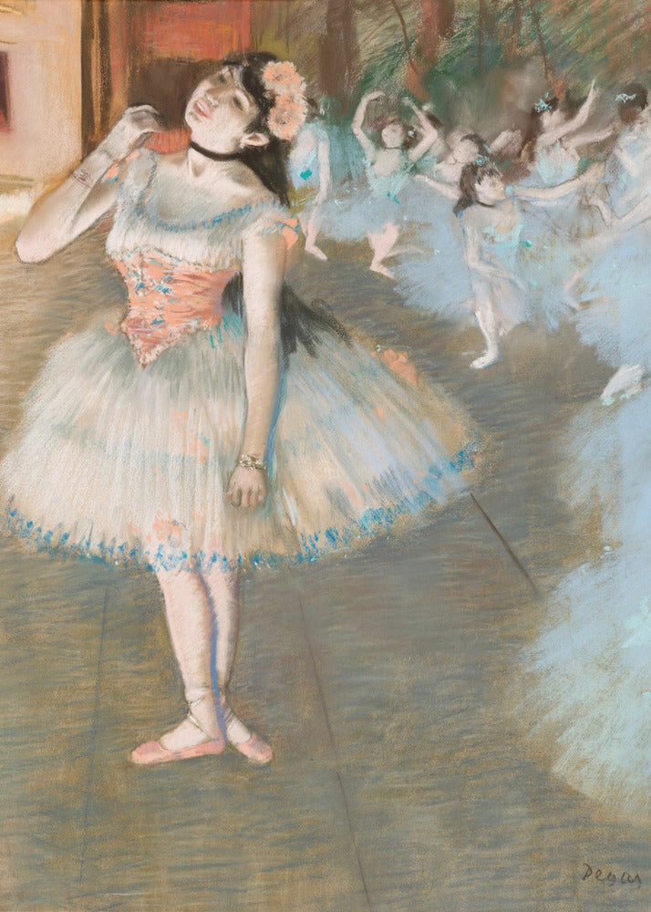 An impressionist painting by Edgar Degas titled 'Dancer on Stage' (Le rideau tombe). It depicts a ballerina in the foreground in a white and pink tutu, adjusting her black choker. In the background, a group of other ballerinas in blue tutus are dancing on a stage. Wall Art