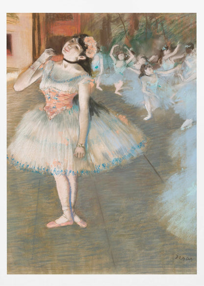 An impressionist painting by Edgar Degas titled 'Dancer on Stage' (Le rideau tombe). It depicts a ballerina in the foreground in a white and pink tutu, adjusting her black choker. In the background, a group of other ballerinas in blue tutus are dancing on a stage. Wall Art