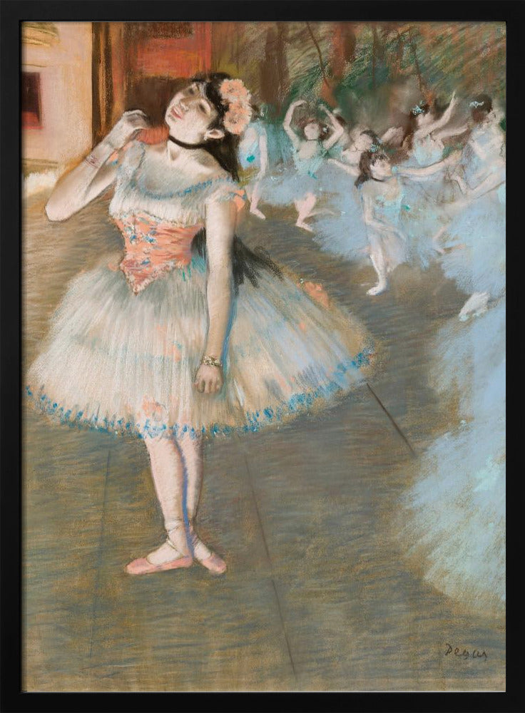 An impressionist painting by Edgar Degas titled 'Dancer on Stage' (Le rideau tombe). It depicts a ballerina in the foreground in a white and pink tutu, adjusting her black choker. In the background, a group of other ballerinas in blue tutus are dancing on a stage. Wall Art