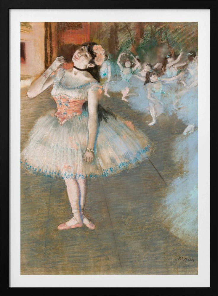 An impressionist painting by Edgar Degas titled 'Dancer on Stage' (Le rideau tombe). It depicts a ballerina in the foreground in a white and pink tutu, adjusting her black choker. In the background, a group of other ballerinas in blue tutus are dancing on a stage. Wall Art