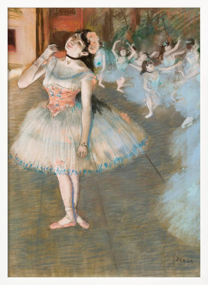 An impressionist painting by Edgar Degas titled 'Dancer on Stage' (Le rideau tombe). It depicts a ballerina in the foreground in a white and pink tutu, adjusting her black choker. In the background, a group of other ballerinas in blue tutus are dancing on a stage. Wall Art
