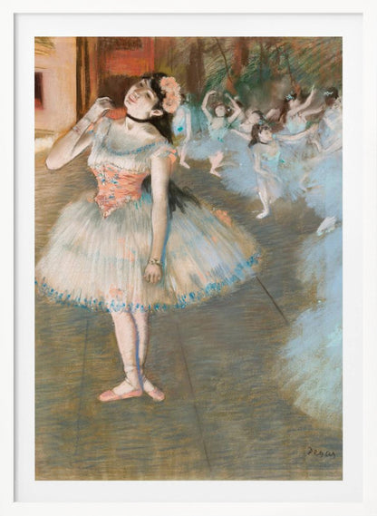 An impressionist painting by Edgar Degas titled 'Dancer on Stage' (Le rideau tombe). It depicts a ballerina in the foreground in a white and pink tutu, adjusting her black choker. In the background, a group of other ballerinas in blue tutus are dancing on a stage. Wall Art