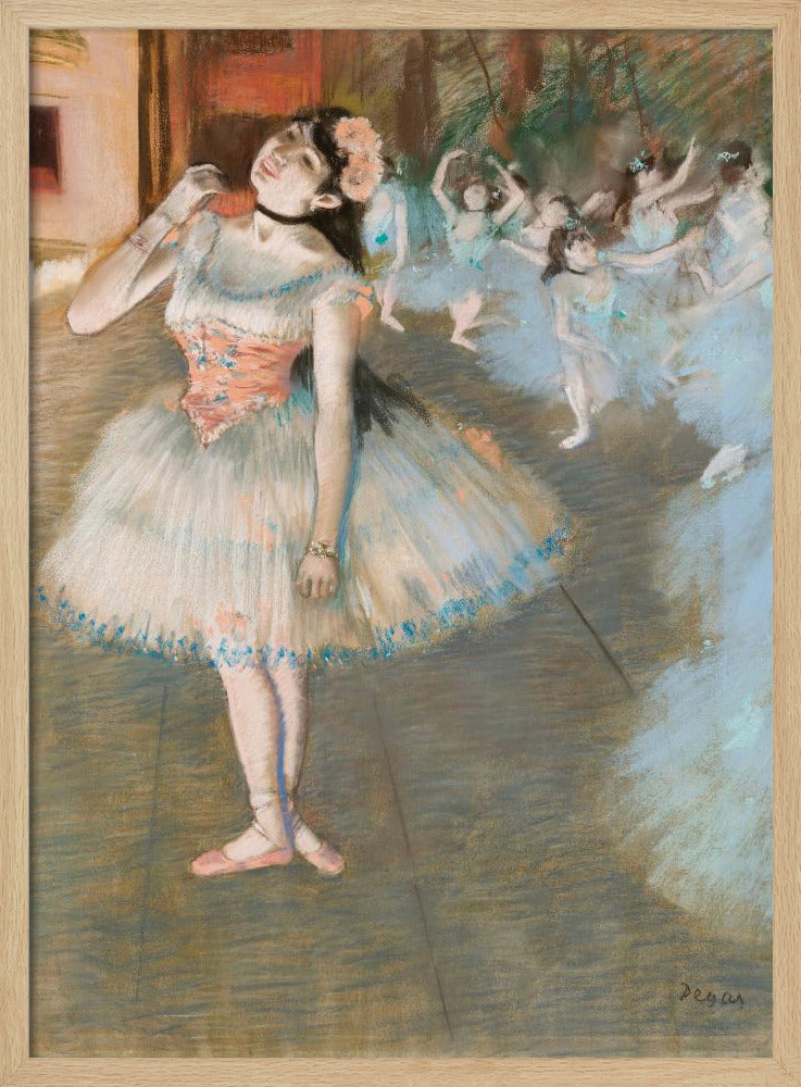 An impressionist painting by Edgar Degas titled 'Dancer on Stage' (Le rideau tombe). It depicts a ballerina in the foreground in a white and pink tutu, adjusting her black choker. In the background, a group of other ballerinas in blue tutus are dancing on a stage. Wall Art