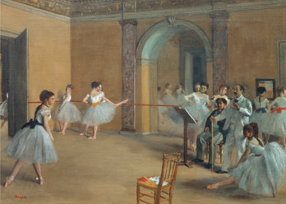 A classic impressionist painting by Edgar Degas titled 'The Dance Class', depicting a ballet rehearsal in a studio with warm, earthy walls. Young ballerinas in light blue tutus practice at the barre while an instructor and other figures observe. Decor