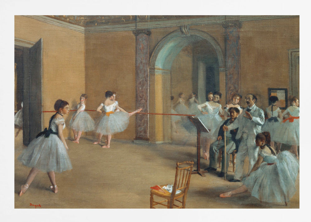 A classic impressionist painting by Edgar Degas titled 'The Dance Class', depicting a ballet rehearsal in a studio with warm, earthy walls. Young ballerinas in light blue tutus practice at the barre while an instructor and other figures observe. Decor