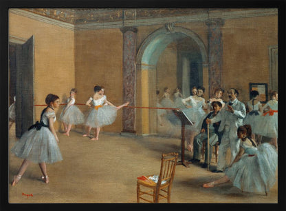 A classic impressionist painting by Edgar Degas titled 'The Dance Class', depicting a ballet rehearsal in a studio with warm, earthy walls. Young ballerinas in light blue tutus practice at the barre while an instructor and other figures observe. Decor