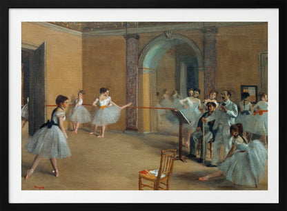 A classic impressionist painting by Edgar Degas titled 'The Dance Class', depicting a ballet rehearsal in a studio with warm, earthy walls. Young ballerinas in light blue tutus practice at the barre while an instructor and other figures observe. Decor