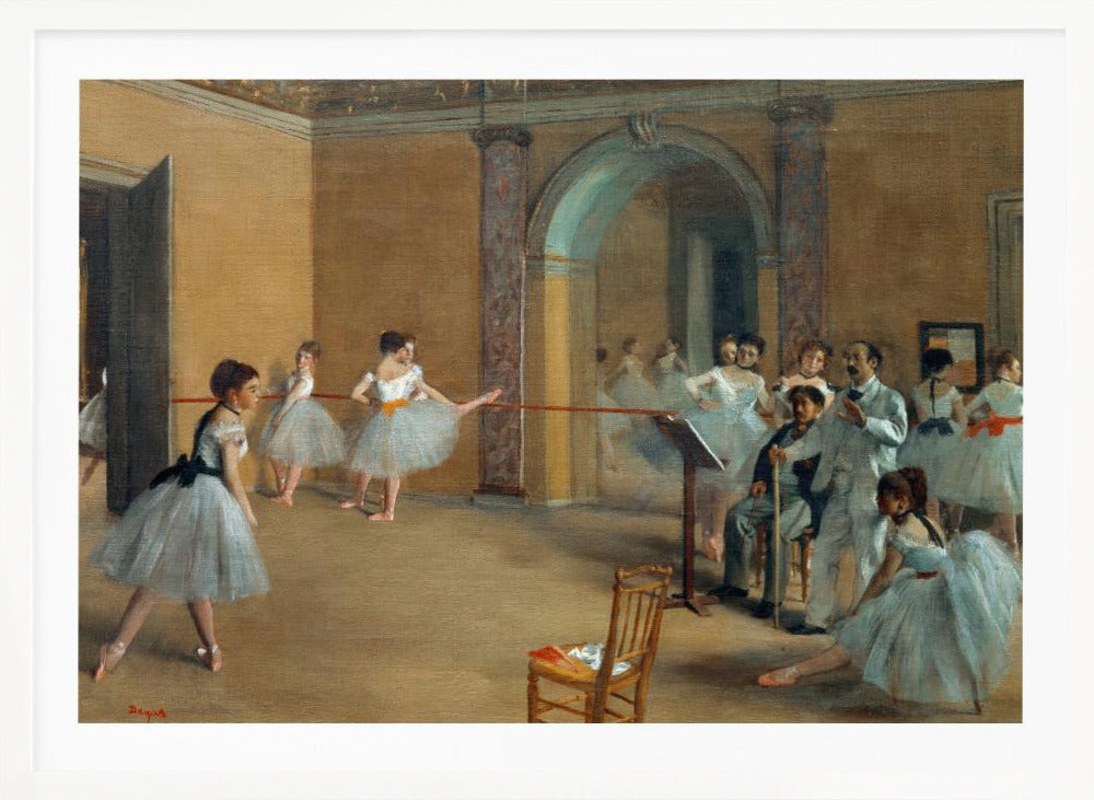 A classic impressionist painting by Edgar Degas titled 'The Dance Class', depicting a ballet rehearsal in a studio with warm, earthy walls. Young ballerinas in light blue tutus practice at the barre while an instructor and other figures observe. Decor