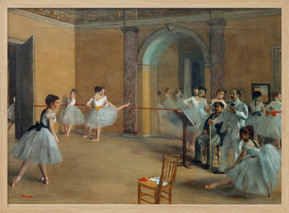 A classic impressionist painting by Edgar Degas titled 'The Dance Class', depicting a ballet rehearsal in a studio with warm, earthy walls. Young ballerinas in light blue tutus practice at the barre while an instructor and other figures observe. Decor