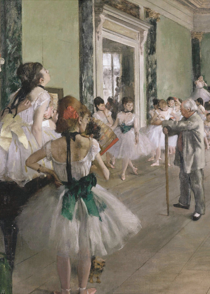 An impressionist painting by Edgar Degas, 'The Dance Class,' depicting a ballet rehearsal in a studio with pale green walls. An elderly ballet master with a cane observes numerous ballerinas in white tutus as they practice and rest. A dancer in the foreground, with her back to the viewer, wears a large green sash. Poster