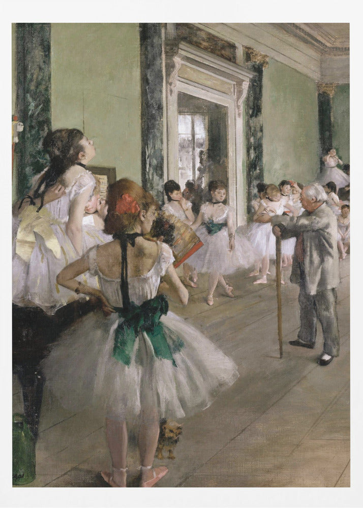 An impressionist painting by Edgar Degas, 'The Dance Class,' depicting a ballet rehearsal in a studio with pale green walls. An elderly ballet master with a cane observes numerous ballerinas in white tutus as they practice and rest. A dancer in the foreground, with her back to the viewer, wears a large green sash. Poster
