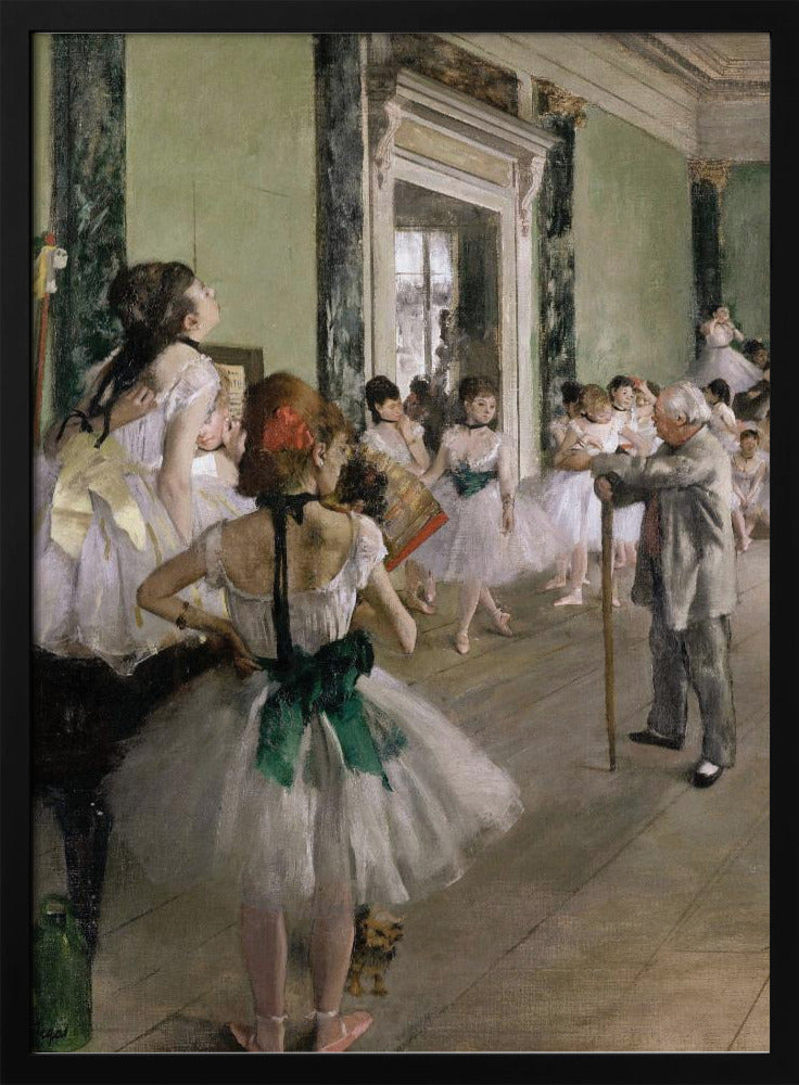 An impressionist painting by Edgar Degas, 'The Dance Class,' depicting a ballet rehearsal in a studio with pale green walls. An elderly ballet master with a cane observes numerous ballerinas in white tutus as they practice and rest. A dancer in the foreground, with her back to the viewer, wears a large green sash. Poster