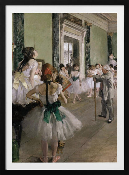 An impressionist painting by Edgar Degas, 'The Dance Class,' depicting a ballet rehearsal in a studio with pale green walls. An elderly ballet master with a cane observes numerous ballerinas in white tutus as they practice and rest. A dancer in the foreground, with her back to the viewer, wears a large green sash. Poster