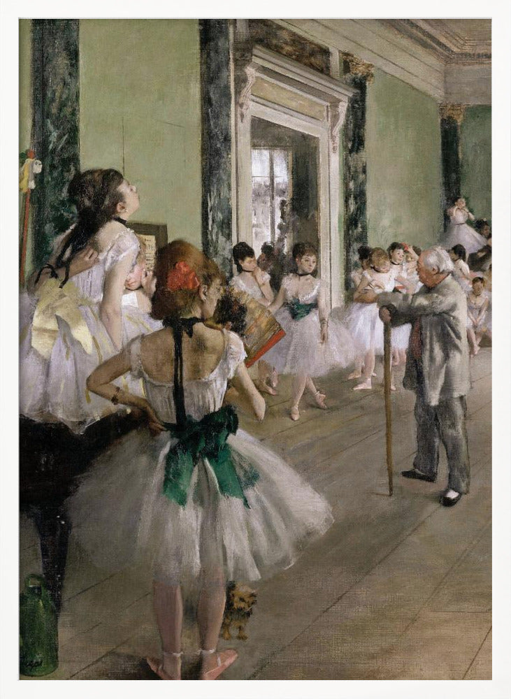 An impressionist painting by Edgar Degas, 'The Dance Class,' depicting a ballet rehearsal in a studio with pale green walls. An elderly ballet master with a cane observes numerous ballerinas in white tutus as they practice and rest. A dancer in the foreground, with her back to the viewer, wears a large green sash. Poster