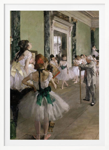 An impressionist painting by Edgar Degas, 'The Dance Class,' depicting a ballet rehearsal in a studio with pale green walls. An elderly ballet master with a cane observes numerous ballerinas in white tutus as they practice and rest. A dancer in the foreground, with her back to the viewer, wears a large green sash. Poster