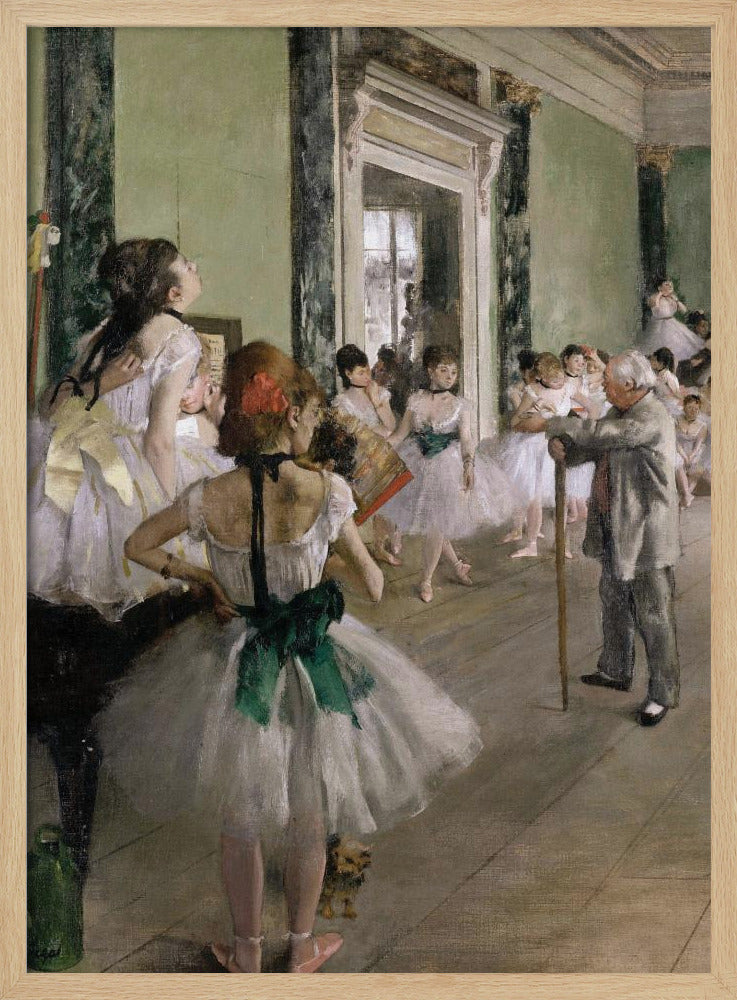 An impressionist painting by Edgar Degas, 'The Dance Class,' depicting a ballet rehearsal in a studio with pale green walls. An elderly ballet master with a cane observes numerous ballerinas in white tutus as they practice and rest. A dancer in the foreground, with her back to the viewer, wears a large green sash. Poster