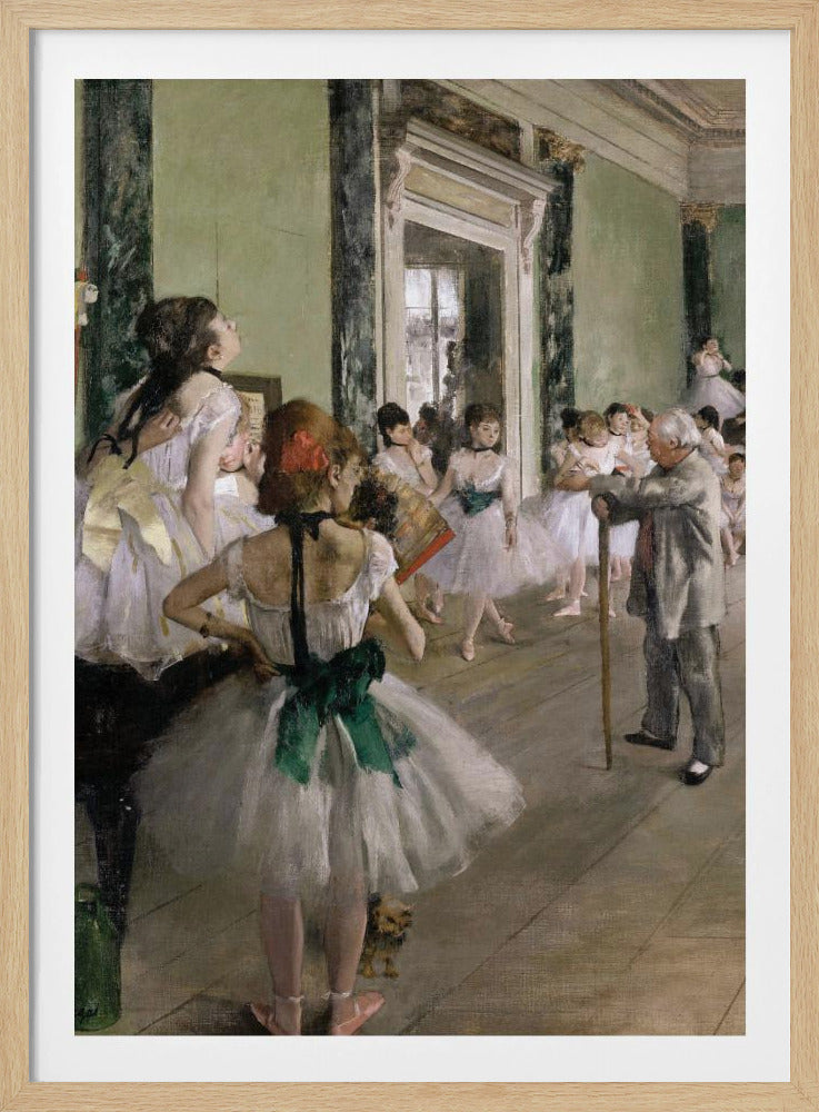 An impressionist painting by Edgar Degas, 'The Dance Class,' depicting a ballet rehearsal in a studio with pale green walls. An elderly ballet master with a cane observes numerous ballerinas in white tutus as they practice and rest. A dancer in the foreground, with her back to the viewer, wears a large green sash. Poster