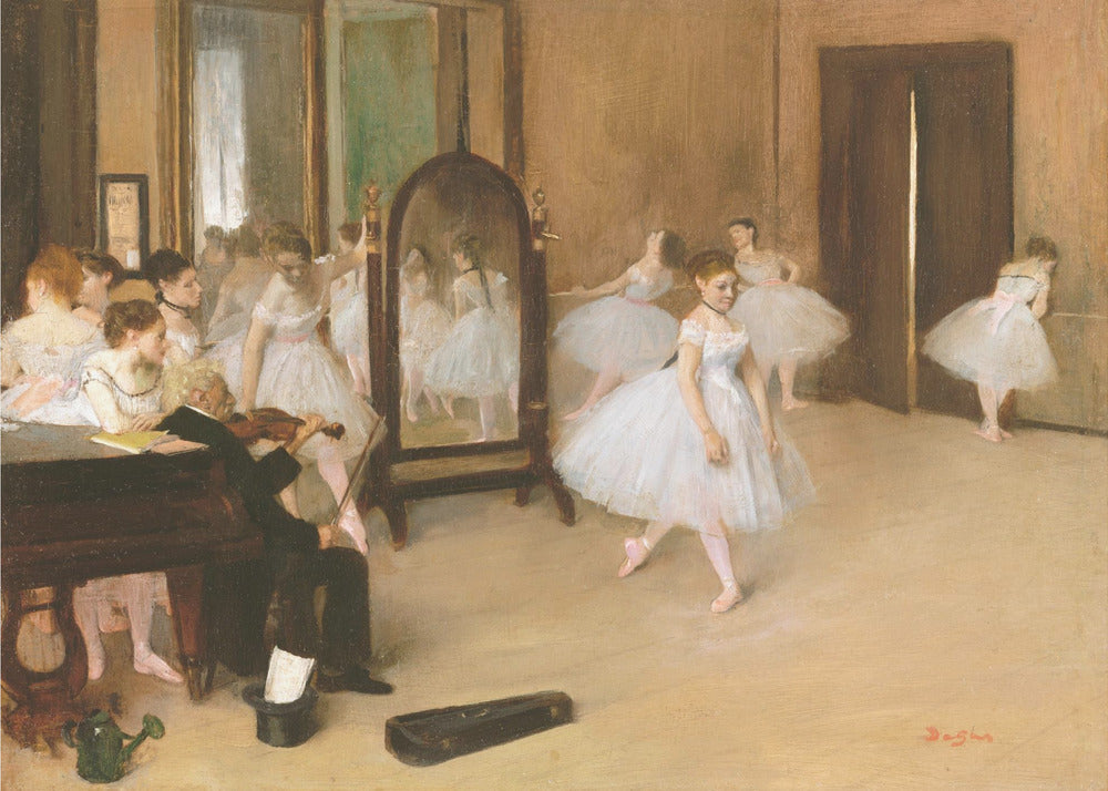 A framed print of Edgar Degas's impressionist painting, 'The Dance Class,' depicting a ballet rehearsal room with several ballerinas in white tutus. A musician plays the violin in the foreground, and the warm-toned room features a large mirror reflecting the dancers. Wall Art