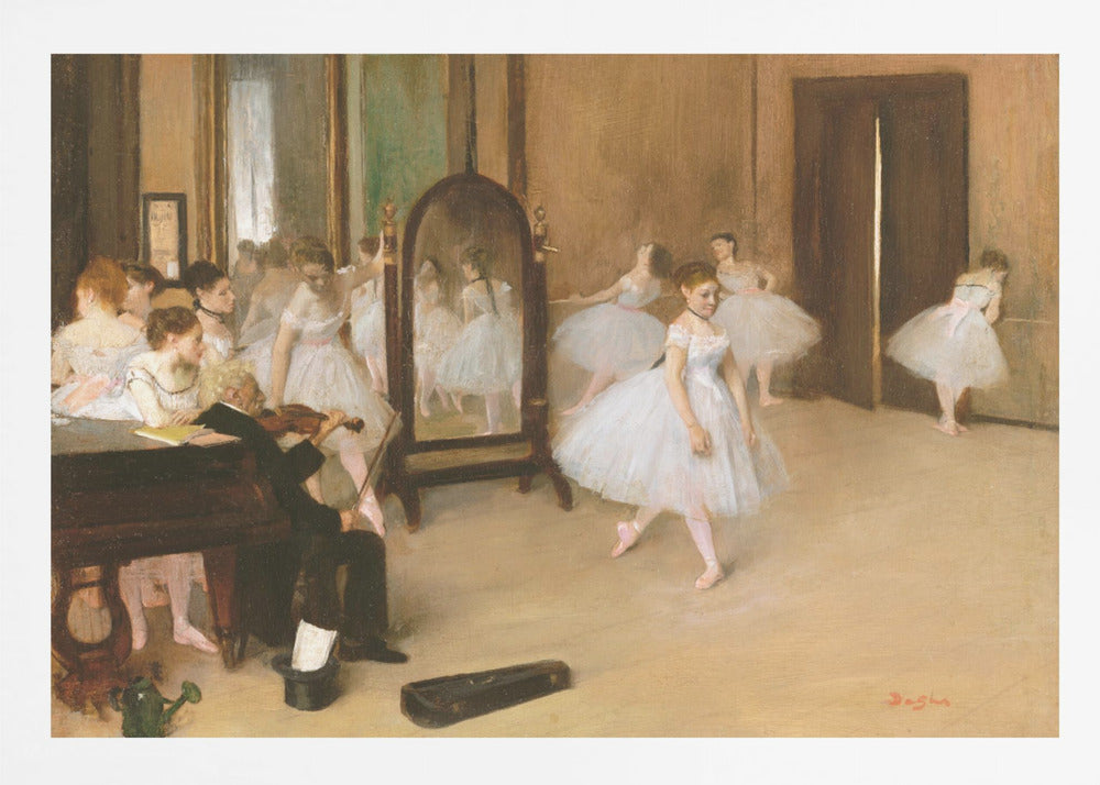 A framed print of Edgar Degas's impressionist painting, 'The Dance Class,' depicting a ballet rehearsal room with several ballerinas in white tutus. A musician plays the violin in the foreground, and the warm-toned room features a large mirror reflecting the dancers. Wall Art