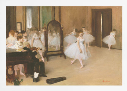 A framed print of Edgar Degas's impressionist painting, 'The Dance Class,' depicting a ballet rehearsal room with several ballerinas in white tutus. A musician plays the violin in the foreground, and the warm-toned room features a large mirror reflecting the dancers. Wall Art