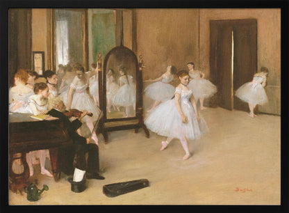 A framed print of Edgar Degas's impressionist painting, 'The Dance Class,' depicting a ballet rehearsal room with several ballerinas in white tutus. A musician plays the violin in the foreground, and the warm-toned room features a large mirror reflecting the dancers. Wall Art