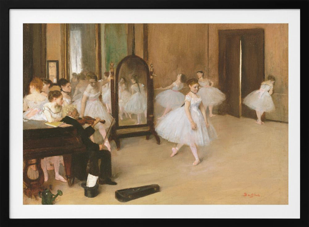 A framed print of Edgar Degas's impressionist painting, 'The Dance Class,' depicting a ballet rehearsal room with several ballerinas in white tutus. A musician plays the violin in the foreground, and the warm-toned room features a large mirror reflecting the dancers. Wall Art