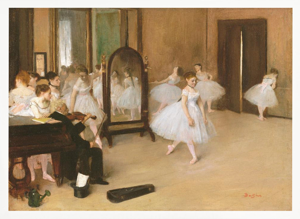 A framed print of Edgar Degas's impressionist painting, 'The Dance Class,' depicting a ballet rehearsal room with several ballerinas in white tutus. A musician plays the violin in the foreground, and the warm-toned room features a large mirror reflecting the dancers. Wall Art