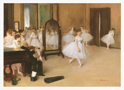 A framed print of Edgar Degas's impressionist painting, 'The Dance Class,' depicting a ballet rehearsal room with several ballerinas in white tutus. A musician plays the violin in the foreground, and the warm-toned room features a large mirror reflecting the dancers. Wall Art