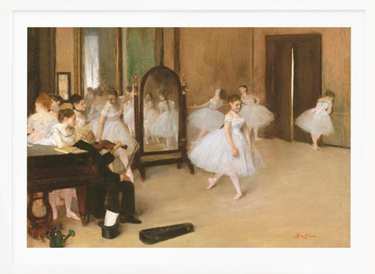 A framed print of Edgar Degas's impressionist painting, 'The Dance Class,' depicting a ballet rehearsal room with several ballerinas in white tutus. A musician plays the violin in the foreground, and the warm-toned room features a large mirror reflecting the dancers. Wall Art