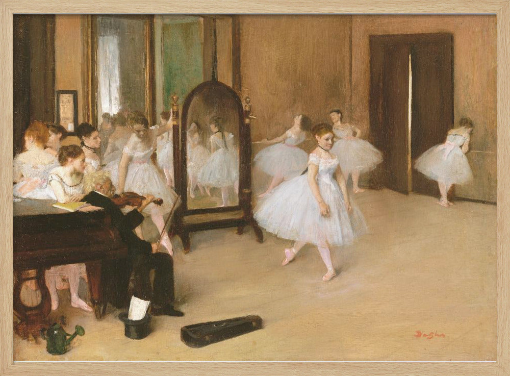 A framed print of Edgar Degas's impressionist painting, 'The Dance Class,' depicting a ballet rehearsal room with several ballerinas in white tutus. A musician plays the violin in the foreground, and the warm-toned room features a large mirror reflecting the dancers. Wall Art