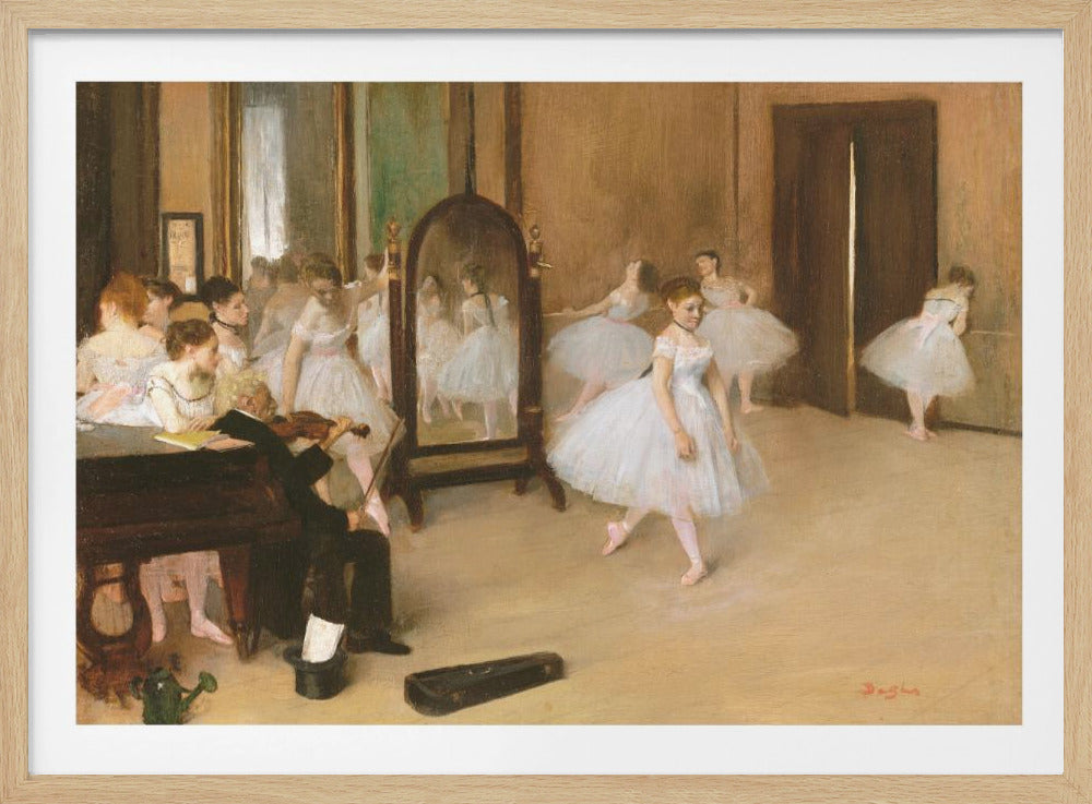 A framed print of Edgar Degas's impressionist painting, 'The Dance Class,' depicting a ballet rehearsal room with several ballerinas in white tutus. A musician plays the violin in the foreground, and the warm-toned room features a large mirror reflecting the dancers. Wall Art