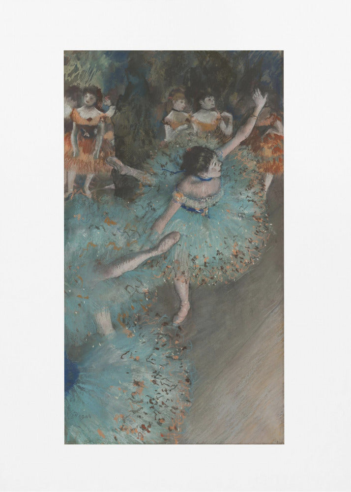 A framed art print of an impressionist painting depicting several ballet dancers on a stage. The central figure is a ballerina in a voluminous light blue tutu, viewed from a high angle. She is mid-pose with arms outstretched. Other dancers in orange and blue costumes are visible in the blurry background. Poster