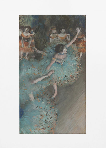 A framed art print of an impressionist painting depicting several ballet dancers on a stage. The central figure is a ballerina in a voluminous light blue tutu, viewed from a high angle. She is mid-pose with arms outstretched. Other dancers in orange and blue costumes are visible in the blurry background. Poster