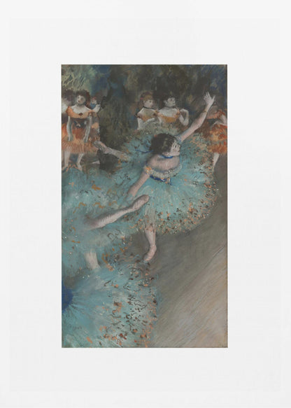 A framed art print of an impressionist painting depicting several ballet dancers on a stage. The central figure is a ballerina in a voluminous light blue tutu, viewed from a high angle. She is mid-pose with arms outstretched. Other dancers in orange and blue costumes are visible in the blurry background. Poster