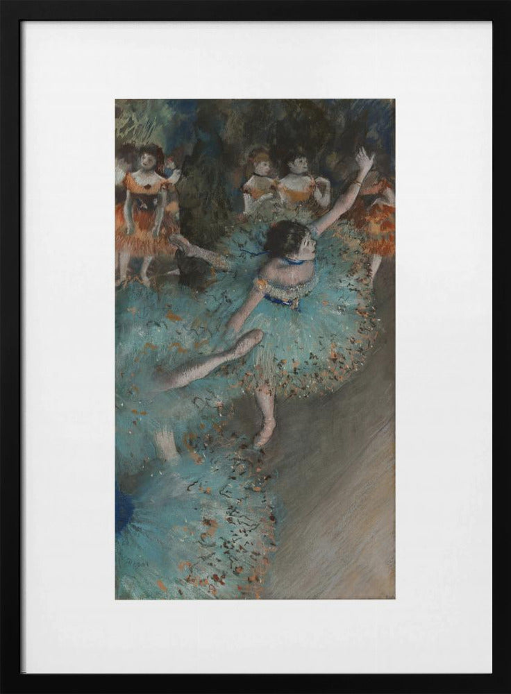 A framed art print of an impressionist painting depicting several ballet dancers on a stage. The central figure is a ballerina in a voluminous light blue tutu, viewed from a high angle. She is mid-pose with arms outstretched. Other dancers in orange and blue costumes are visible in the blurry background. Poster
