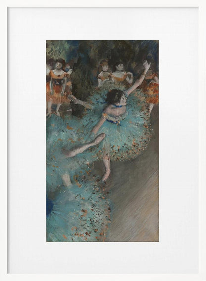 A framed art print of an impressionist painting depicting several ballet dancers on a stage. The central figure is a ballerina in a voluminous light blue tutu, viewed from a high angle. She is mid-pose with arms outstretched. Other dancers in orange and blue costumes are visible in the blurry background. Poster