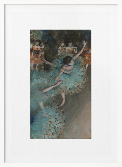 A framed art print of an impressionist painting depicting several ballet dancers on a stage. The central figure is a ballerina in a voluminous light blue tutu, viewed from a high angle. She is mid-pose with arms outstretched. Other dancers in orange and blue costumes are visible in the blurry background. Poster