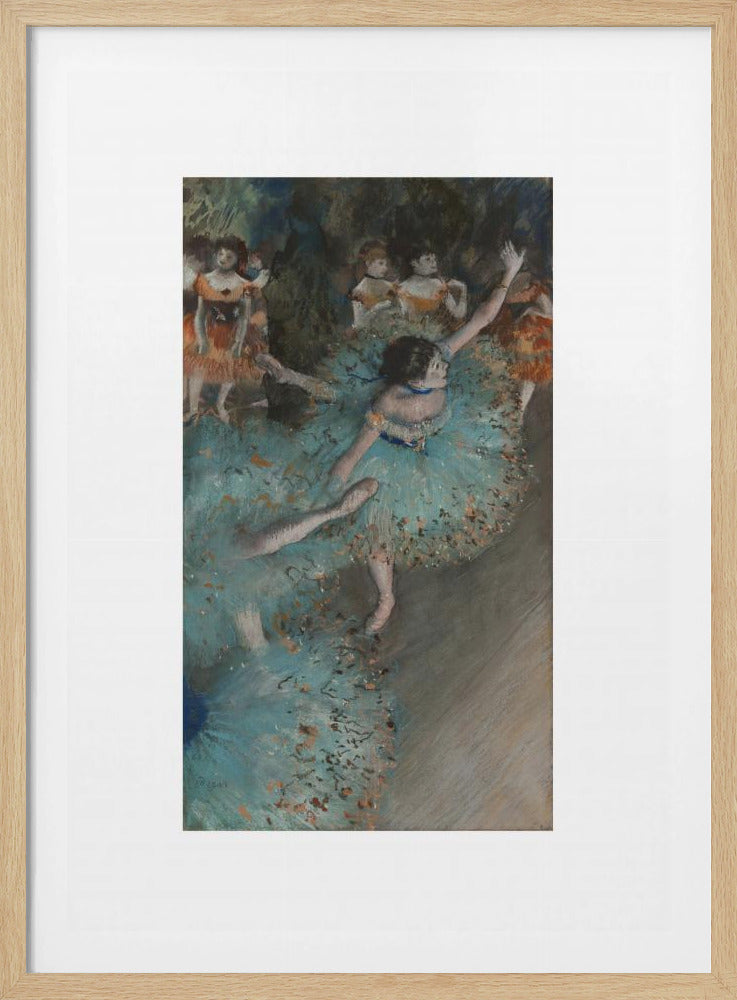 A framed art print of an impressionist painting depicting several ballet dancers on a stage. The central figure is a ballerina in a voluminous light blue tutu, viewed from a high angle. She is mid-pose with arms outstretched. Other dancers in orange and blue costumes are visible in the blurry background. Poster