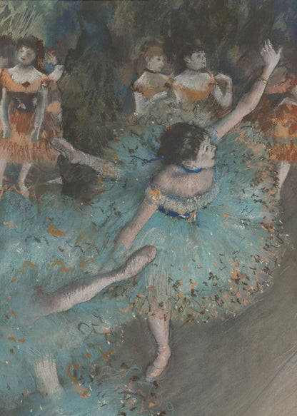 An impressionistic painting of a ballerina in a vibrant turquoise tutu dancing on a stage. She is in the foreground with her arms raised, and other dancers in orange costumes are visible in the softly lit background. Print