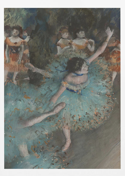 An impressionistic painting of a ballerina in a vibrant turquoise tutu dancing on a stage. She is in the foreground with her arms raised, and other dancers in orange costumes are visible in the softly lit background. Print