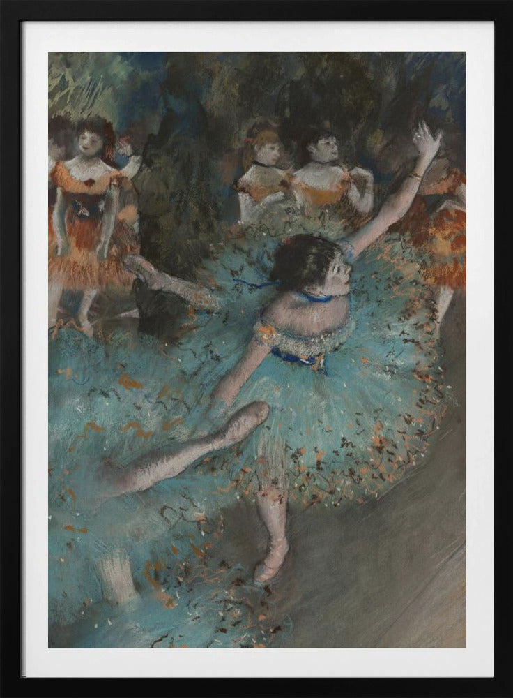 An impressionistic painting of a ballerina in a vibrant turquoise tutu dancing on a stage. She is in the foreground with her arms raised, and other dancers in orange costumes are visible in the softly lit background. Print