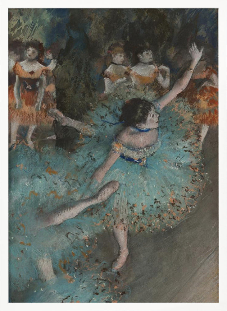 An impressionistic painting of a ballerina in a vibrant turquoise tutu dancing on a stage. She is in the foreground with her arms raised, and other dancers in orange costumes are visible in the softly lit background. Print