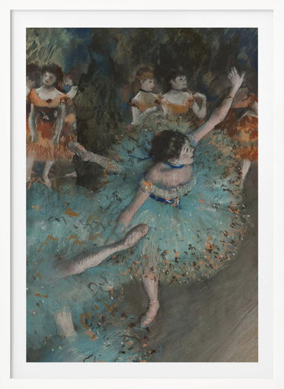 An impressionistic painting of a ballerina in a vibrant turquoise tutu dancing on a stage. She is in the foreground with her arms raised, and other dancers in orange costumes are visible in the softly lit background. Print