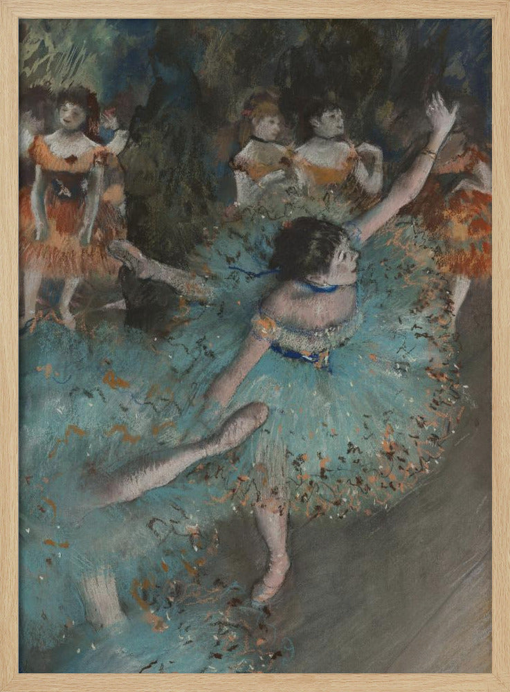An impressionistic painting of a ballerina in a vibrant turquoise tutu dancing on a stage. She is in the foreground with her arms raised, and other dancers in orange costumes are visible in the softly lit background. Print