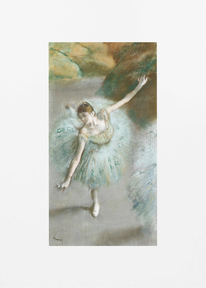 A framed vertical reproduction of an Edgar Degas painting showing a ballerina from a high angle. She wears a voluminous light blue tutu and is posed gracefully with arms outstretched against a soft, impressionistic background of earthy browns and tans. Poster