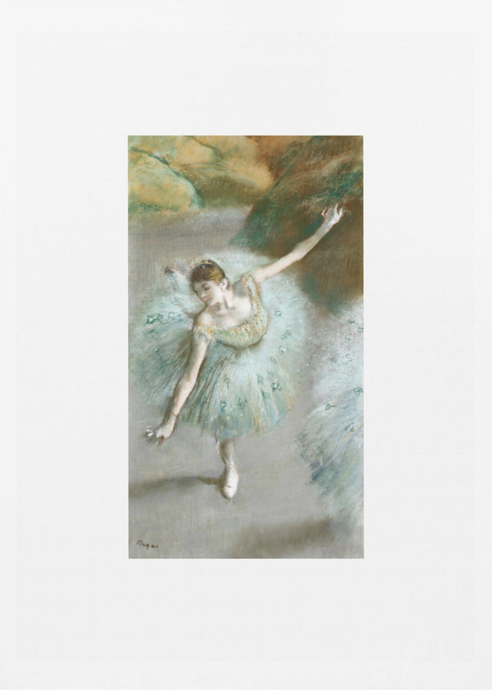 A framed vertical reproduction of an Edgar Degas painting showing a ballerina from a high angle. She wears a voluminous light blue tutu and is posed gracefully with arms outstretched against a soft, impressionistic background of earthy browns and tans. Poster